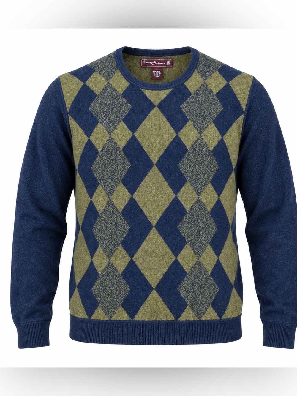 Tommy Bahama 18 Golf Argyle Wool Cotton Crewneck Sweater Navy Olive S